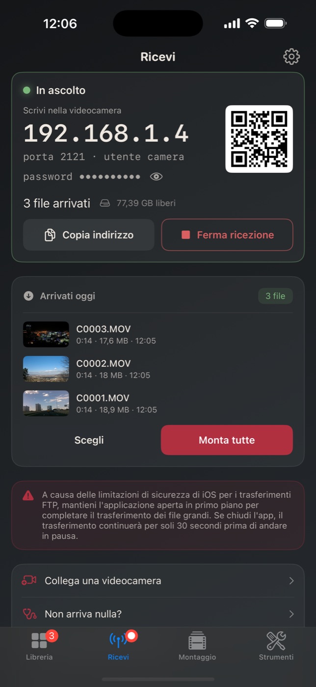 La schermata Ricevi su iPhone: in ascolto all’indirizzo 192.168.1.4, porta 2121, con tre file arrivati