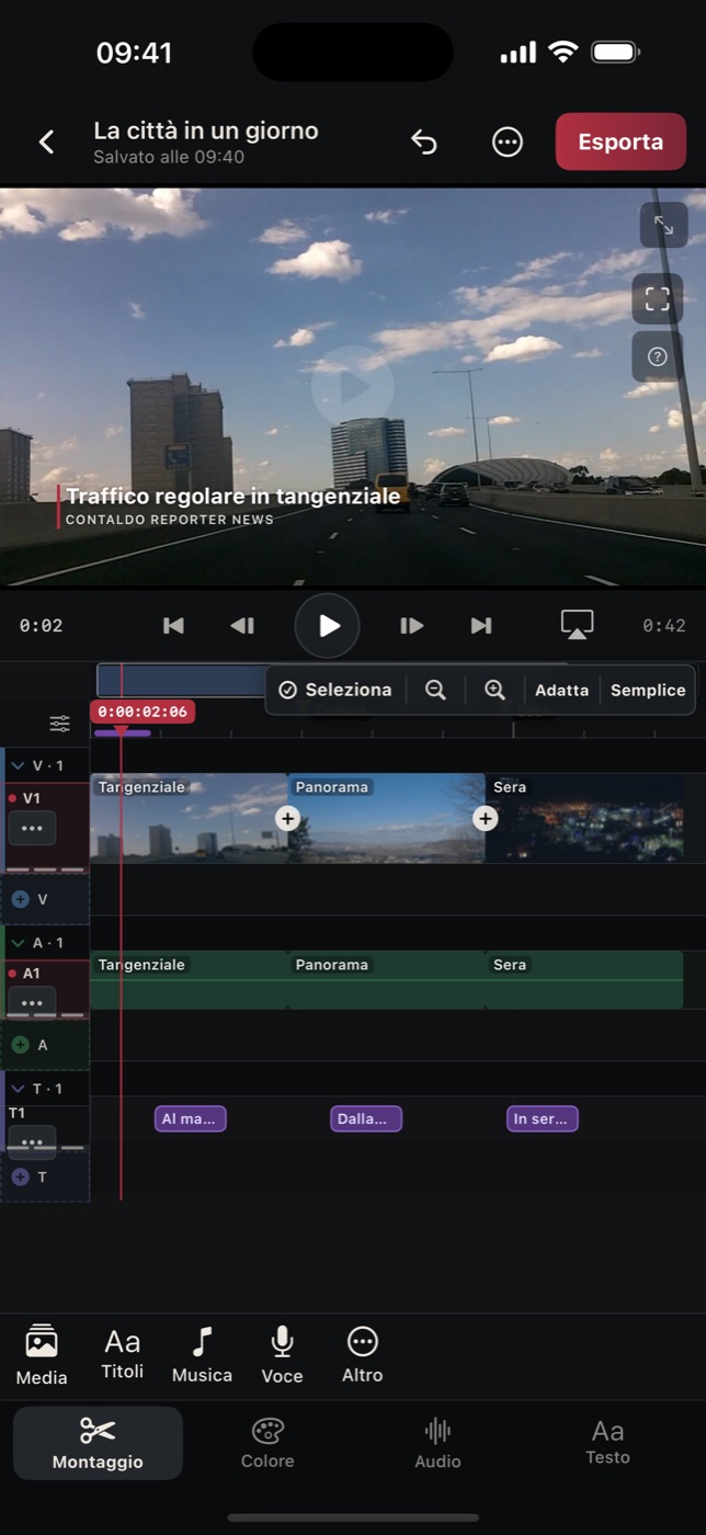 Il montaggio su iPhone: anteprima con sottopancia e tracce video, audio e testo