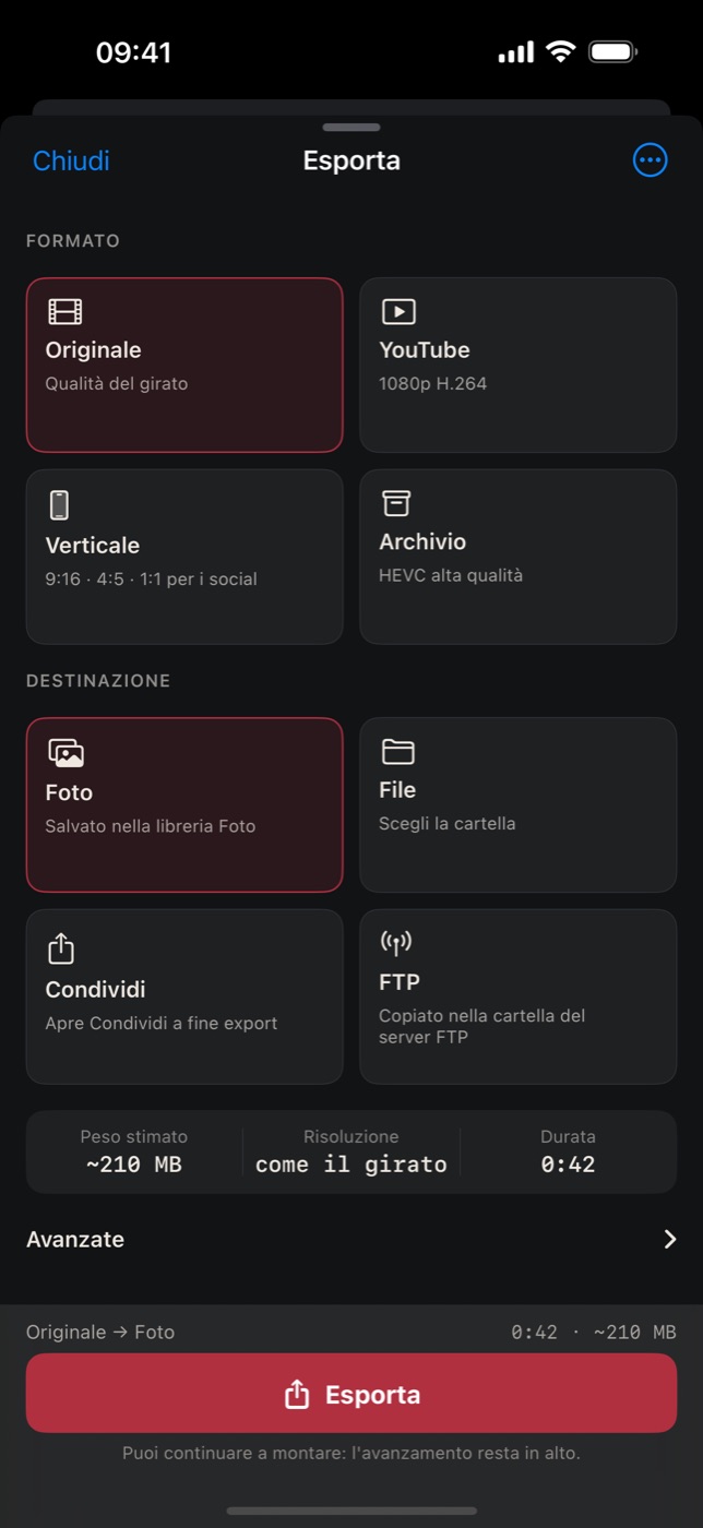 Esporta: formati Originale, YouTube, Verticale e Archivio; destinazioni Foto, File, Condividi e FTP